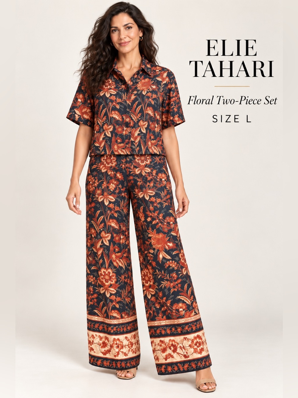 Elie Tahari Floral 2 Piece Wide Leg Pants Shirt Set Navy Rust Size L